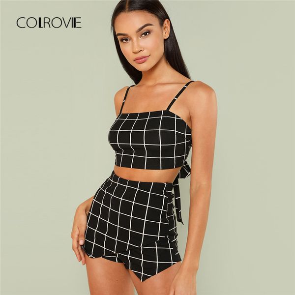 

colrovie grid crop back tie cami & shorts set 2018 new plaid summer spaghei strap clothing set stretchy two piece, White