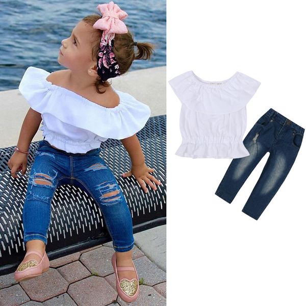 girls clothes set summer new ins cotton flying sleeves a word shoulder t-shirt + washed holes jeans clothing suit, White
girls clothes set summer new ins cotton flying sleeves a word shoulder t-shirt + washed holes jeans clothing suit, White