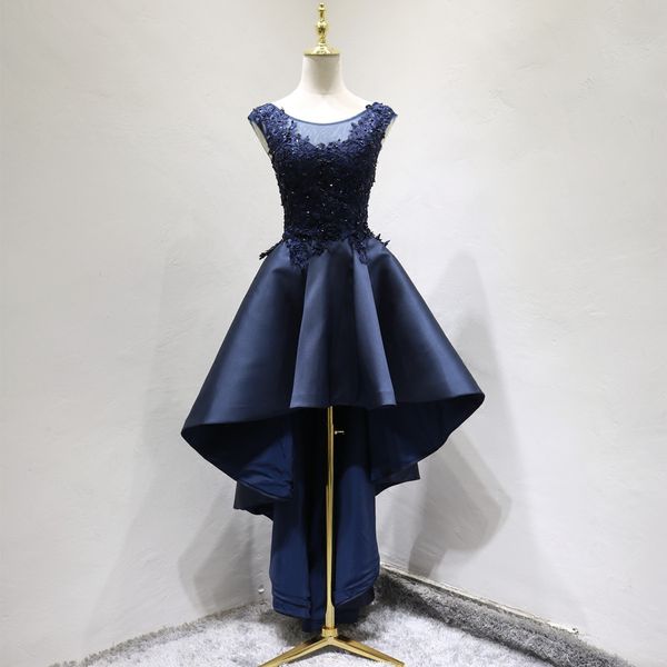 beaded lace satin high low prom dresses navy blue scoop neck party dresses lace up back, Black
beaded lace satin high low prom dresses navy blue scoop neck party dresses lace up back, Black
