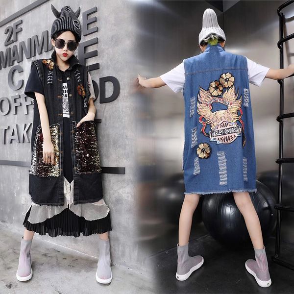 unique fashion punk women's denim vest long sleevless tassel outcoat cardigan ripped holes jenas sequined casual vests nz68, Black;white
unique fashion punk women's denim vest long sleevless tassel outcoat cardigan ripped holes jenas sequined casual vests nz68, Black;white
