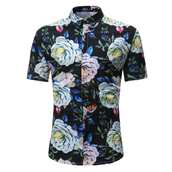 2018 summer new men's printed business casual short-sleeved shirt -37, White;black