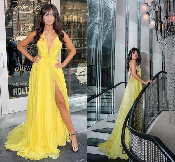 2018 halter yellow deep v neck long prom dresses thigh high split evening gowns simple elegant celebrity pageant dresses, Black
2018 halter yellow deep v neck long prom dresses thigh high split evening gowns simple elegant celebrity pageant dresses, Black