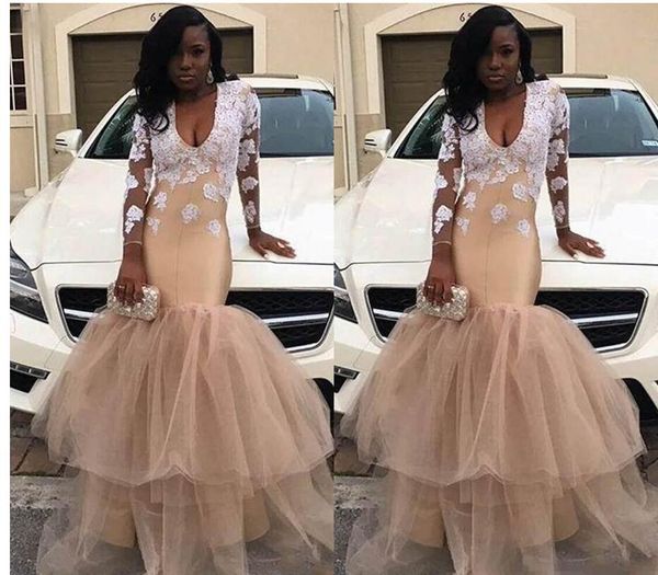 2018 deep v neck champagne prom dresses long sleeve tiered tulle skirt long mermaid formal party evening dresses special occasion gowns, Black;red
2018 deep v neck champagne prom dresses long sleeve tiered tulle skirt long mermaid formal party evening dresses special occasion gowns, Black;red