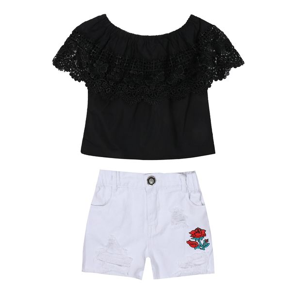 girls clothing set ins black lace word shoulder t-shirt +white irregular hole shorts kids clothes suit k1
girls clothing set ins black lace word shoulder t-shirt +white irregular hole shorts kids clothes suit k1