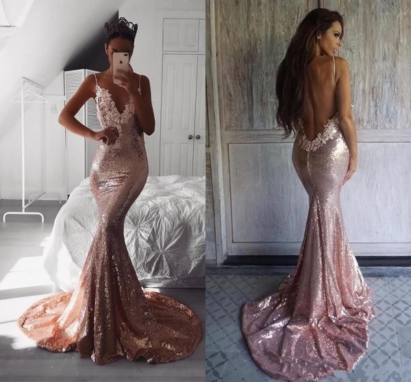2018 elegant rose gold sequined spaghetti straps mermaid prom dresses lace applique floor length backless formal evening dress, Black
2018 elegant rose gold sequined spaghetti straps mermaid prom dresses lace applique floor length backless formal evening dress, Black