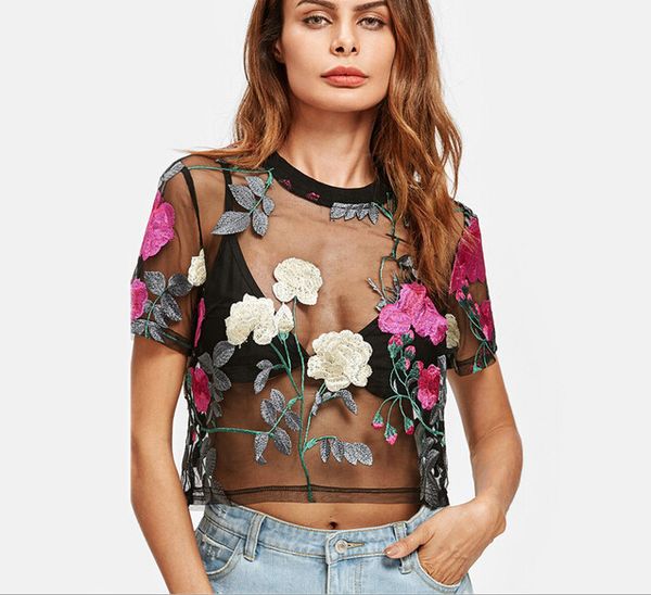 women see through embroidery black mesh crop nigh club party wear new fashion t-shirts, White
women see through embroidery black mesh crop nigh club party wear new fashion t-shirts, White