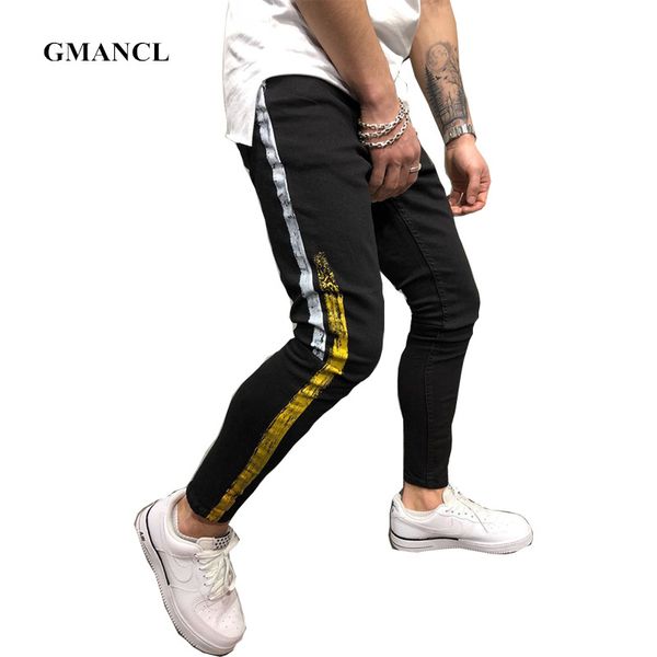 gmancl men gold silver stripe coating printed skinny jeans joggers stretch slim fit black homme streetwear hip hop denim pants, Blue
gmancl men gold silver stripe coating printed skinny jeans joggers stretch slim fit black homme streetwear hip hop denim pants, Blue
