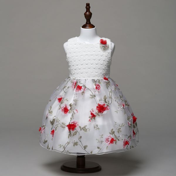 princess dress girl crochet dress three-dimensional print flower dress, Red;yellow