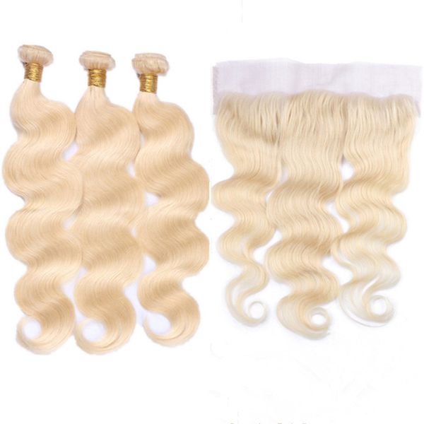 

#613 blonde virgin brazilian human hair wefts with full frontals body wave bleach blonde 13x4 lace frontal closure with weave bundles, Black;brown