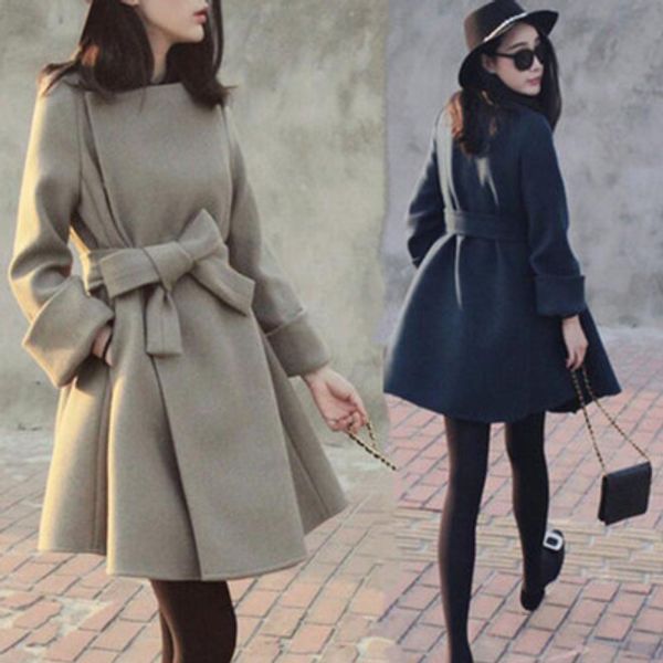 

2018 spring new women's korean version of woolen jacket slim thin waist tie in the long section woolen coat tide autumn ms, Black