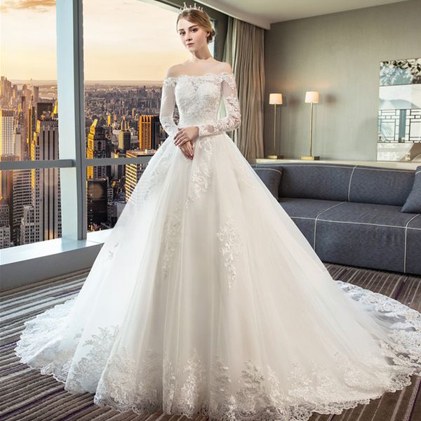 off shoulder lace tulle wedding dresses with sweep train 2019 long sleeves wedding gowns lace up, White
off shoulder lace tulle wedding dresses with sweep train 2019 long sleeves wedding gowns lace up, White