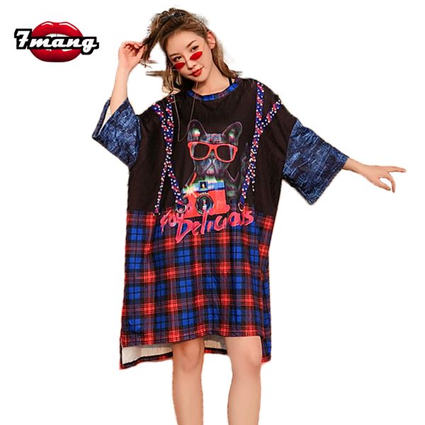 7mang 2018 autumn women street black cat printing loose plaid long t shirts straight beading party tees, White
7mang 2018 autumn women street black cat printing loose plaid long t shirts straight beading party tees, White
