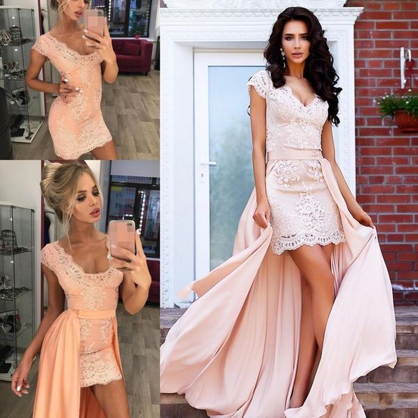 2019 deep v-neck mini evening dresses with detachable train lace appliques short prom dresses custom made formal party gowns, Black;red
2019 deep v-neck mini evening dresses with detachable train lace appliques short prom dresses custom made formal party gowns, Black;red