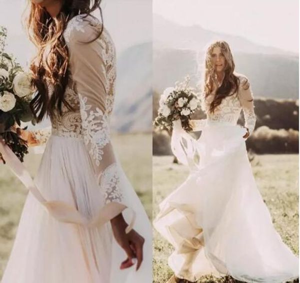 bohemian country wedding dresses with sheer long sleeves crew neck a line lace applique chiffon boho bridal gown cheap, White
bohemian country wedding dresses with sheer long sleeves crew neck a line lace applique chiffon boho bridal gown cheap, White