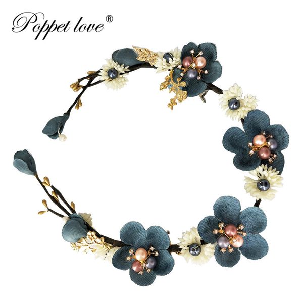 

bride blue flower headband pearl headdress wedding handmade rattan hair accessories hairclip women wreath decoration on the head, Golden;white