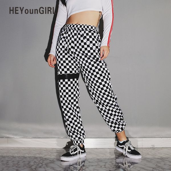 

heyoungirl checkered plaid harem pants women checkerboard trousers high waist elastic plastic sweatpants streetwear pantalones, Black;white