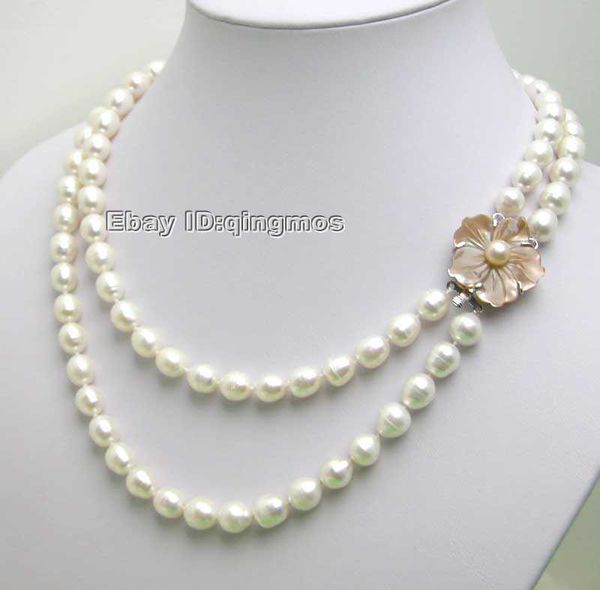 

whole salesale 6-7mm white natural freshwater rpearl 17-18" 2 strands necklace -nec5032 wholesale/retail ing, Golden;silver
