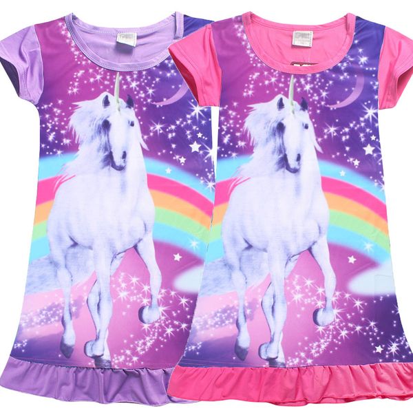 

girl unicorn princess pajamas dresses kids baby girls new printing short sleeves dress summer cartoon children night skirts 2 colors z11, Blue;red