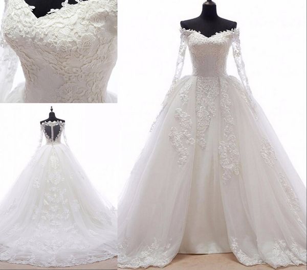gorgeous ball gown wedding dress lace v neck detachable train illusion long sleeves applique court train plus size bridal wedding gowns, White
gorgeous ball gown wedding dress lace v neck detachable train illusion long sleeves applique court train plus size bridal wedding gowns, White