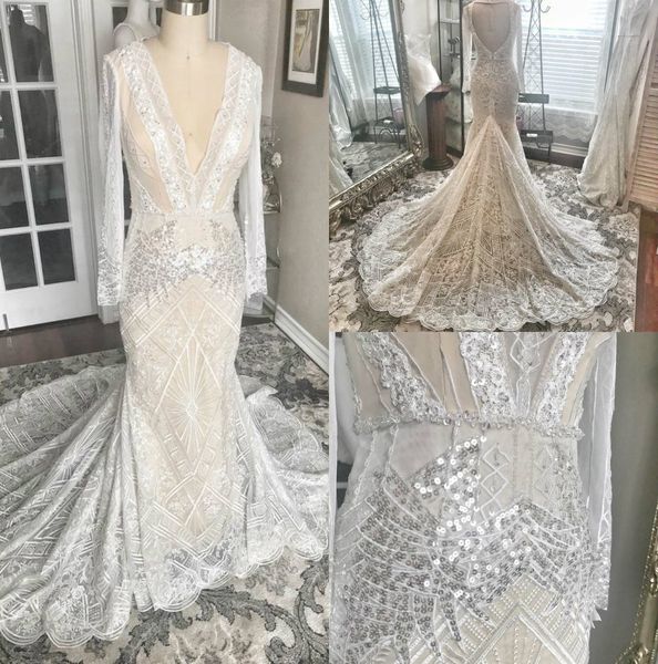 2019 mermaid wedding dresses deep v neck appliqued hollow back sweep train long sleeve bridal gowns bling sequined plus size wedding dress, White
2019 mermaid wedding dresses deep v neck appliqued hollow back sweep train long sleeve bridal gowns bling sequined plus size wedding dress, White