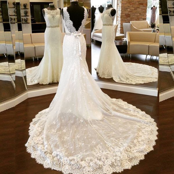 plus size mermaid backless wedding dresses illusion neck sleeveless lace bridal gowns with beaded sash sheer train, White
plus size mermaid backless wedding dresses illusion neck sleeveless lace bridal gowns with beaded sash sheer train, White