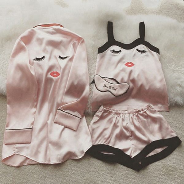 4 pieces women summer pajamas shorts robe eye mask sleepwear clothing set, Black;red
4 pieces women summer pajamas shorts robe eye mask sleepwear clothing set, Black;red