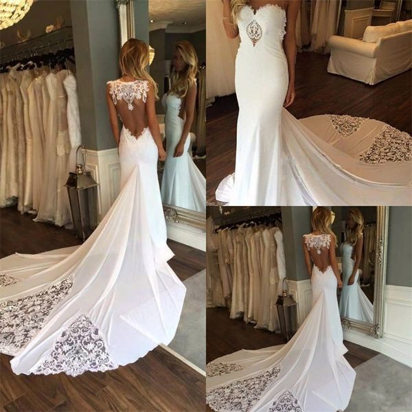 slim mermaid backless wedding dresses sheer neck lace appliqued bridal gowns chapel train vestidos, White
slim mermaid backless wedding dresses sheer neck lace appliqued bridal gowns chapel train vestidos, White