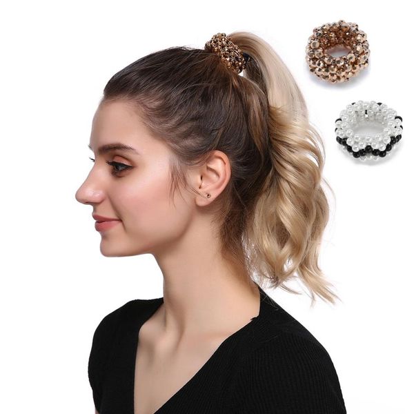 mism women imitation pearl beads rhinestone hairband elastic hair bands for girls rope ponytail holder hair accessories scrunchy, Golden;white