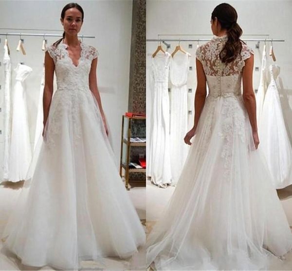 vintage a line wedding dresses lace v neck appliques with button covered back long cap sleeves bridal gowns cheap, White
vintage a line wedding dresses lace v neck appliques with button covered back long cap sleeves bridal gowns cheap, White