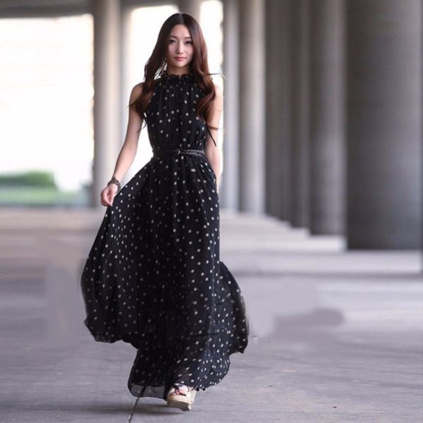 autumn women slim boho long maxi evening party chiffon dress sleeveless polka dot dresses with belt vestidos, White;black
autumn women slim boho long maxi evening party chiffon dress sleeveless polka dot dresses with belt vestidos, White;black