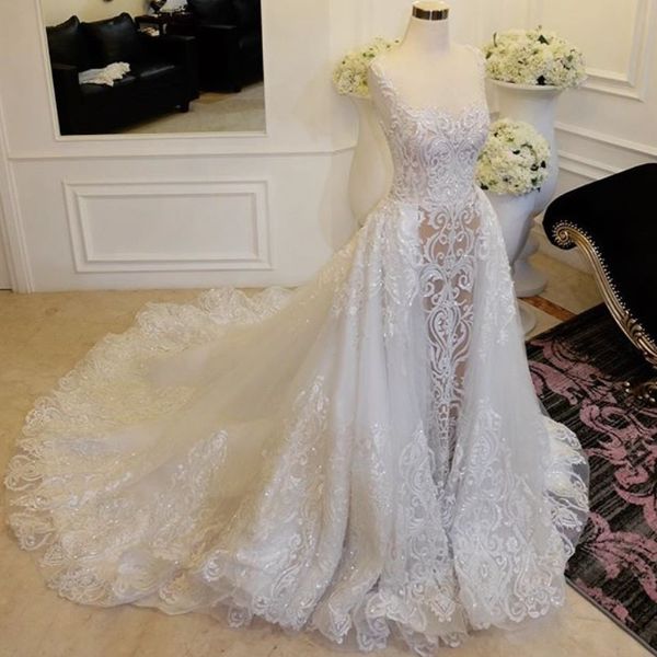 glamorous mermaid wedding dress with overskirt square neck beads lace appliques vestido de novia arabia amazing plus size wedding dress, White
glamorous mermaid wedding dress with overskirt square neck beads lace appliques vestido de novia arabia amazing plus size wedding dress, White