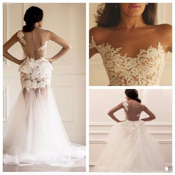 Sheer Scoop Neck Mermaid Wedding Dresses Lace Appliques With Detachable Train Tulle Bridal Gown Garden Long 2018 Vestidos De Mariage Custom
Sheer Scoop Neck Mermaid Wedding Dresses Lace Appliques With Detachable Train Tulle Bridal Gown Garden Long 2018 Vestidos De Mariage Custom