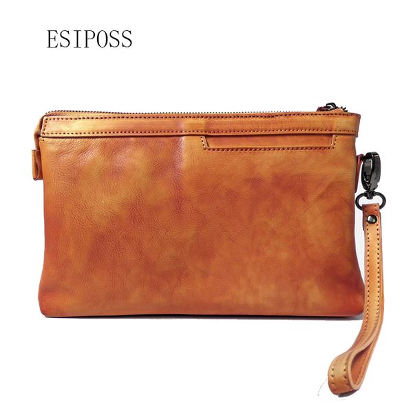 

genuine leather men clutch vegetable tanned leather bag retro rubbing color male handbag hand bag cow mobile phone