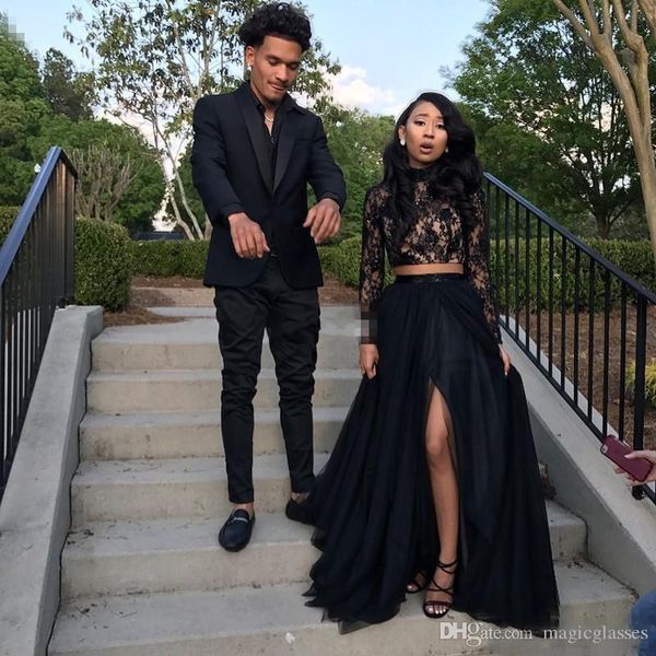 

two piece black prom dresses with lace long sleeve a-line tulle side split evening party gowns galajurken