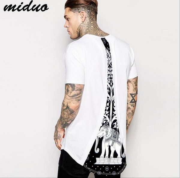 men clothing tower and elephant print white curve hem male tee white short sleeve long t-shirts, White;black