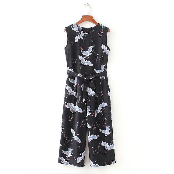 Spandex Women Cute Crane Print Jumpsuit Sashes Pockets Sleeveless Pleated Rompers Ladies Vintage Casual Jumpsuits Bodysuit New
Spandex Women Cute Crane Print Jumpsuit Sashes Pockets Sleeveless Pleated Rompers Ladies Vintage Casual Jumpsuits Bodysuit New
