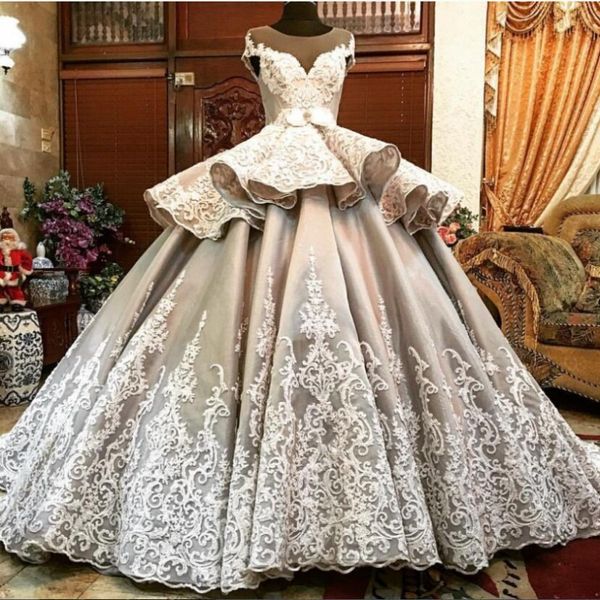 luxury wedding dresses 2019 sheer neck cap sleeve lace appliques bridal gowns peplum ball gown satin wedding vestidos custom made, White
luxury wedding dresses 2019 sheer neck cap sleeve lace appliques bridal gowns peplum ball gown satin wedding vestidos custom made, White