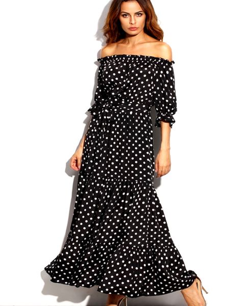 

roiii summer boho rayon mermaid dot long vestido half lantern sleeve sashes slash neck empire nobel women beach dress plus size, White;black