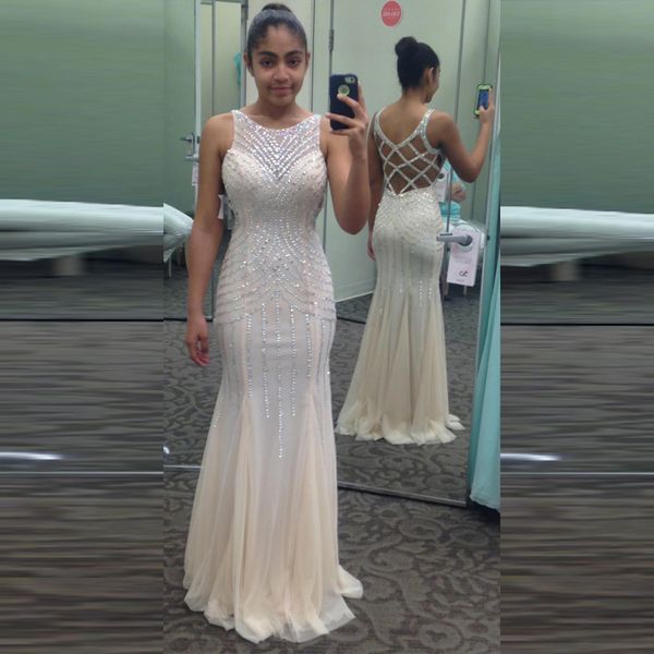 beading light champagne prom dresses long mermaid pageant dress sheer neck sleeveless criss cross hollow back evening party gowns, Black
beading light champagne prom dresses long mermaid pageant dress sheer neck sleeveless criss cross hollow back evening party gowns, Black
