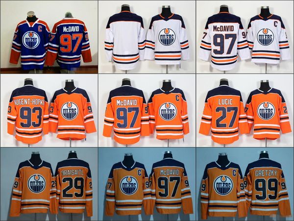 

2019 new edmonton oilers hockey jersey 97 connor mcdavid 99 wayne gretzky 29 leon draisaitl 27 milan lucic 93 ryan nugent-hopkins ad jersey, Black;red