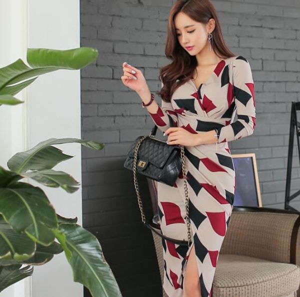 korean version of autumn print slim bag hip office lady temperament split dress, White;black
korean version of autumn print slim bag hip office lady temperament split dress, White;black