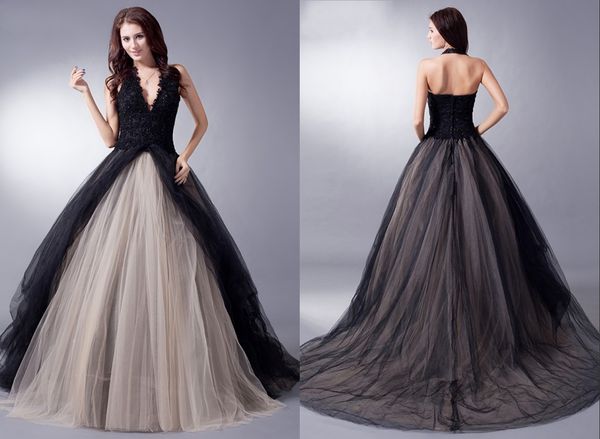 black and nude ball gown gothic wedding dresses halter tulle open back applique beads sequin sweep train long plus size bridal gown, White
black and nude ball gown gothic wedding dresses halter tulle open back applique beads sequin sweep train long plus size bridal gown, White