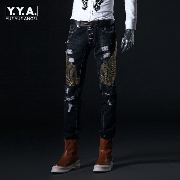 2018 embroidery jeans men korean slim moto biker hole denim pants vintage sequins stage male trousers middle skinny jeans man, Blue
2018 embroidery jeans men korean slim moto biker hole denim pants vintage sequins stage male trousers middle skinny jeans man, Blue