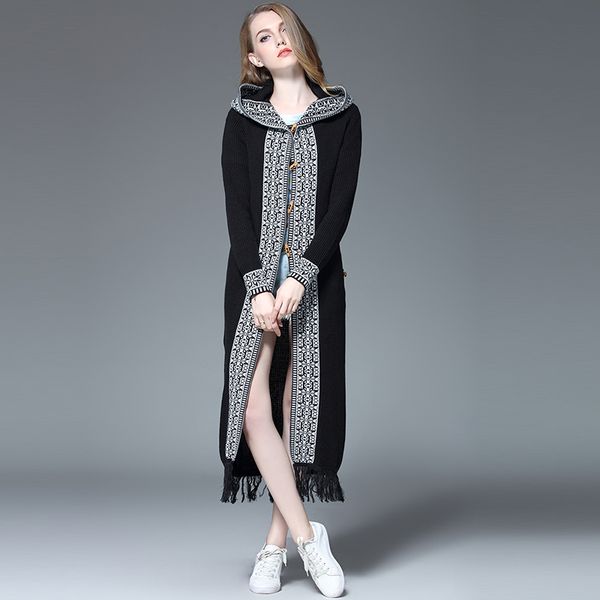 2018 spring long sleeve cardigan female knitting long cardigan sweater women jumper black jacquard hooded hem tassel sweaters, White;black
2018 spring long sleeve cardigan female knitting long cardigan sweater women jumper black jacquard hooded hem tassel sweaters, White;black