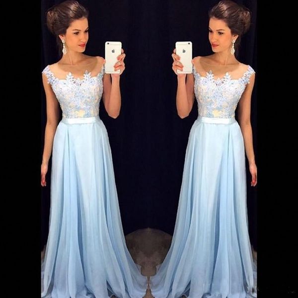 Elegant Light Sky Blue Prom Dresses 2018 Sheer Neck Cap Sleeves Chiffon Floor Length Formal Dresses Modest Evening Gowns Zipper 
Elegant Light Sky Blue Prom Dresses 2018 Sheer Neck Cap Sleeves Chiffon Floor Length Formal Dresses Modest Evening Gowns Zipper