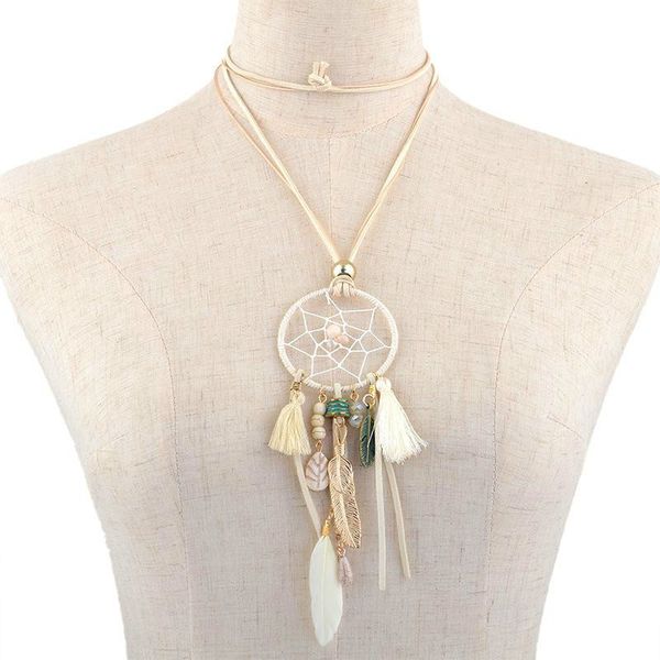 retro dreamcatcher necklace with feathers and tassel hand-woven dream catcher bears tassel long sweater chain necklace, Silver