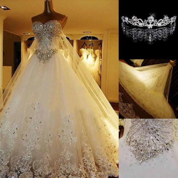 2019 luxury crystal wedding dresses lace cathedral lace-up back bridal gowns a-line sweetheart appliques beaded garden crown, White
2019 luxury crystal wedding dresses lace cathedral lace-up back bridal gowns a-line sweetheart appliques beaded garden crown, White