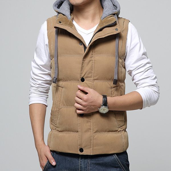 

casual men vest men slim fit nice sale waistcoat hat detachable hooded winter warm windbreak khaki vest m- 6xl 6 colors, Black;white