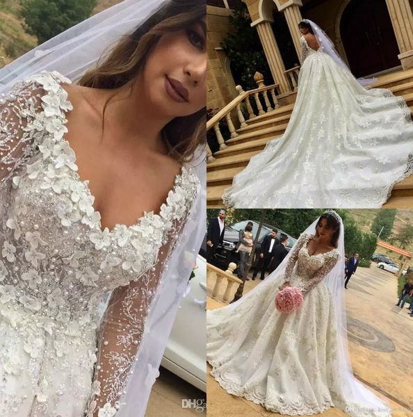 luxury lace ball gown wedding dresses v neck beaded 3d floral appliques pearls court train bridal gowns long sleeve plus size wedding dress, White
luxury lace ball gown wedding dresses v neck beaded 3d floral appliques pearls court train bridal gowns long sleeve plus size wedding dress, White