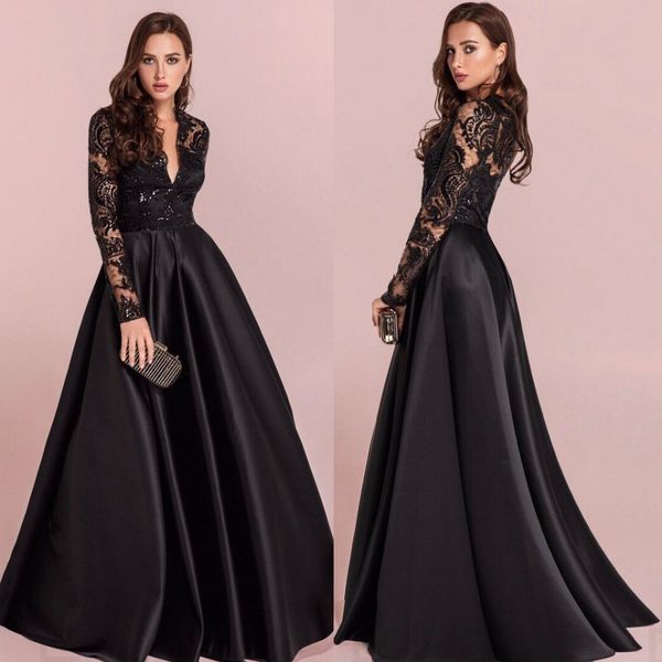black lace prom dresses with long sleeves v neck sequined evening gowns vestidos de fiesta floor length satin formal dress
black lace prom dresses with long sleeves v neck sequined evening gowns vestidos de fiesta floor length satin formal dress